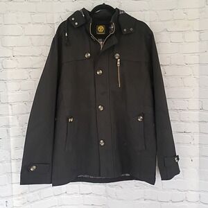 Leduntino Mens Hooded Jacket Black Plaid Lined Full Zip Button Front Size 3XL